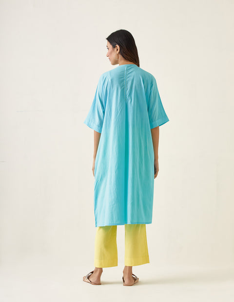 Premium Kaftan Style Embroidered Kurta In Pastel Blue with Maize Yellow Pants (Set of 2) - By Vinusto

