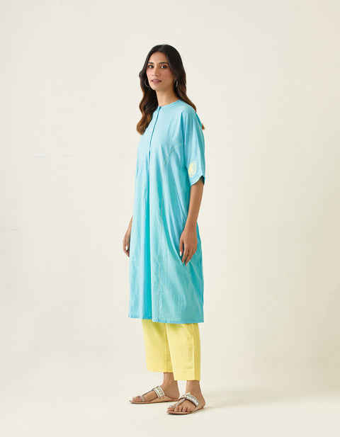 Buy Kaftan Style Embroidered Kurta In Pastel Blue with Maize Yellow Pants (Set of 2) - By Vinusto
