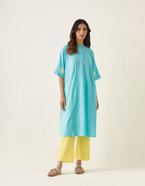 Shop Kaftan Style Embroidered Kurta In Pastel Blue with Maize Yellow Pants (Set of 2) - By Vinusto
