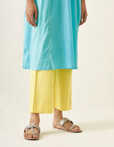 Handcrafted Kaftan Style Embroidered Kurta In Pastel Blue with Maize Yellow Pants (Set of 2) - By Vinusto
