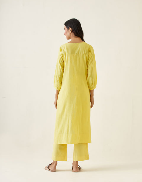 Premium Embroidered A-line kurta Set in Maize Yellow Cotton (Set of 2) - By Vinusto