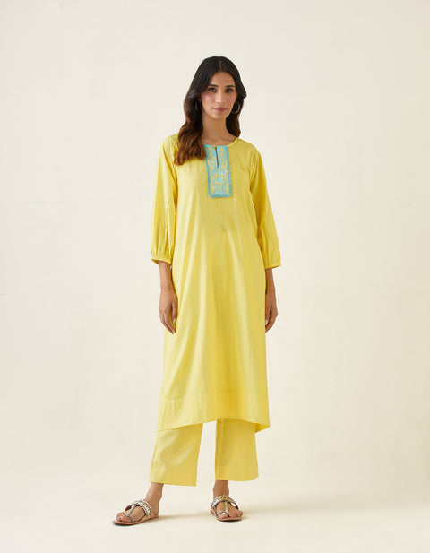 Shop Embroidered A-line kurta Set in Maize Yellow Cotton (Set of 2) - By Vinusto