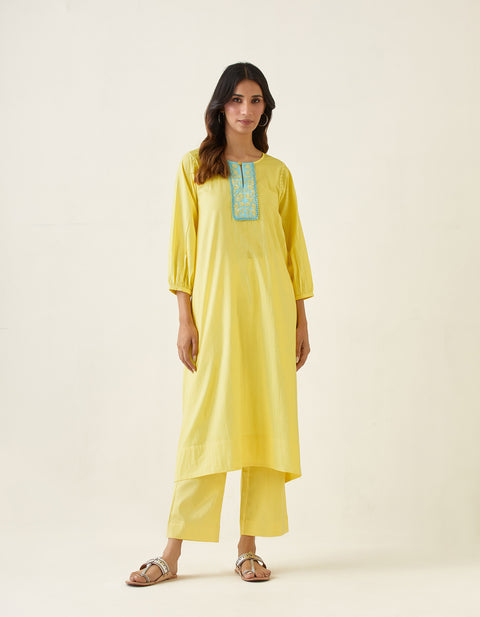 Embroidered A-line kurta Set in Maize Yellow Cotton (Set of 2)