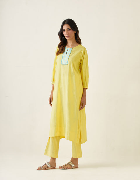 Embroidered A-line kurta Set in Maize Yellow Cotton (Set of 2)