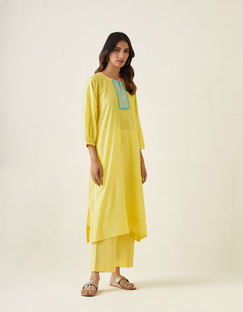 Embroidered A-line kurta Set in Maize Yellow Cotton (Set of 2)