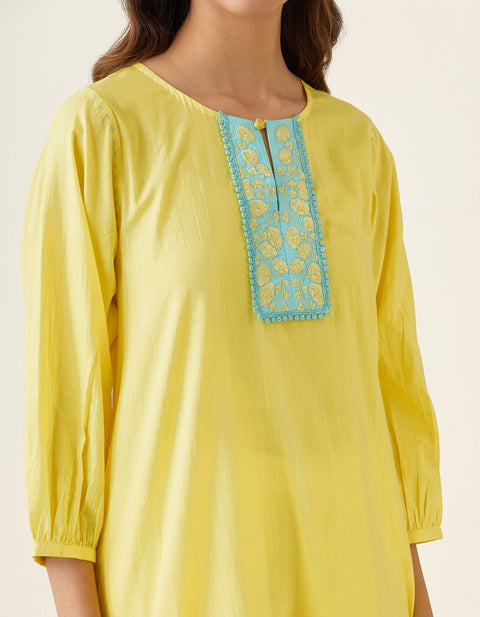Handcrafted Embroidered A-line kurta Set in Maize Yellow Cotton (Set of 2) - By Vinusto