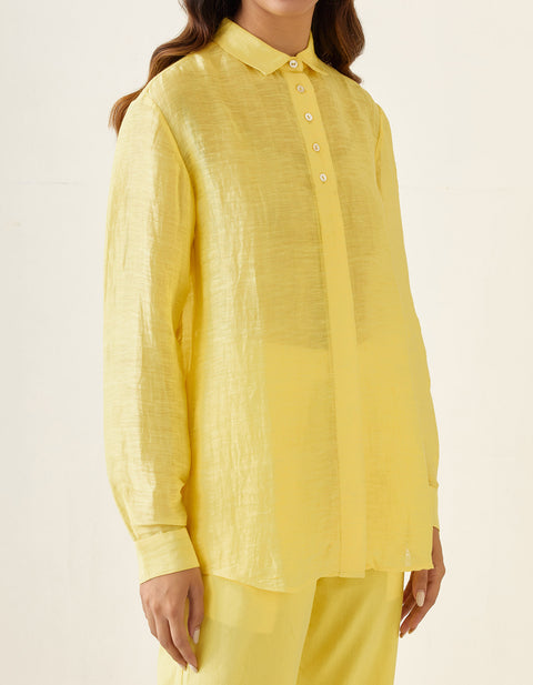 Luxury Maize Yellow Linen Shirt with Cotton Glaze Pants (Set of 2) | Vinusto