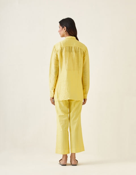 Handcraft Maize Yellow Linen Shirt with Cotton Glaze Pants (Set of 2) | Vinusto
