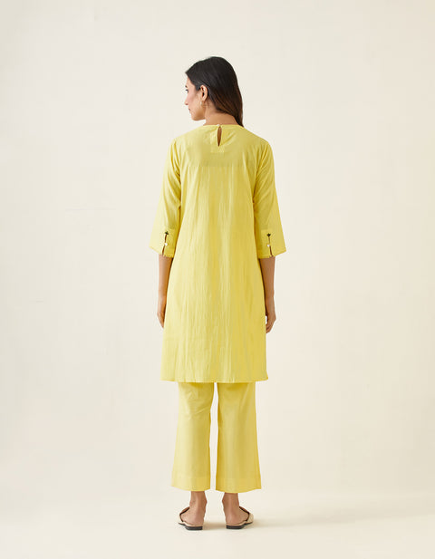 Premium A-Line Pin Tuck Kurta with Pants in Maize Yellow Cotton (Set of 2) | Vinusto
