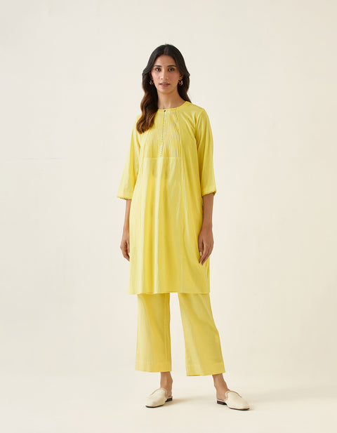 Shop A-Line Pin Tuck Kurta with Pants in Maize Yellow Cotton (Set of 2) | Vinusto