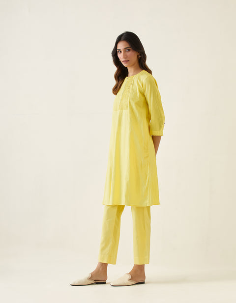 Order A-Line Pin Tuck Kurta with Pants in Maize Yellow Cotton (Set of 2) | Vinusto