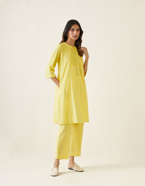 Buy A-Line Pin Tuck Kurta with Pants in Maize Yellow Cotton (Set of 2) | Vinusto