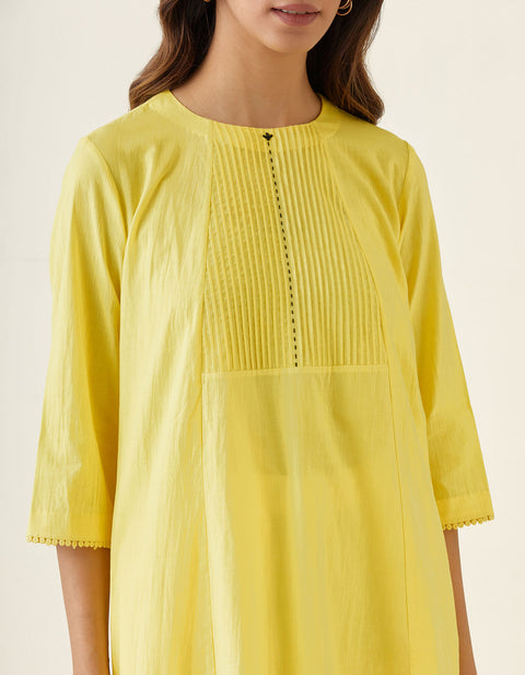 Luxury A-Line Pin Tuck Kurta with Pants in Maize Yellow Cotton (Set of 2) | Vinusto