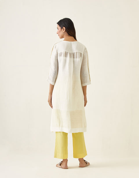 Premium Off White Linen Silk Kurta with Maize Yellow Cotton Glaze Pants & Slip (Set of 3) - By Vinusto