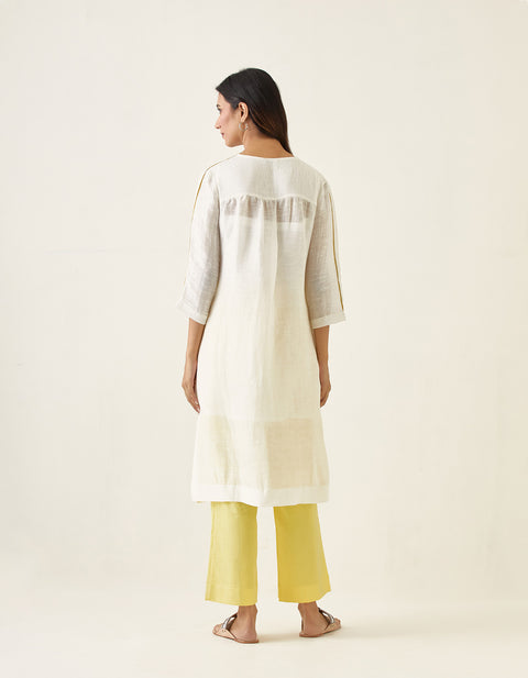 Off White Linen Silk Kurta with Maize Yellow Cotton Glaze Pants & Slip (Set of 3)