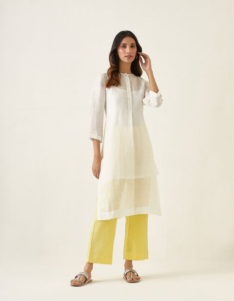 Shop Off White Linen Silk Kurta with Maize Yellow Cotton Glaze Pants & Slip (Set of 3) - By Vinusto