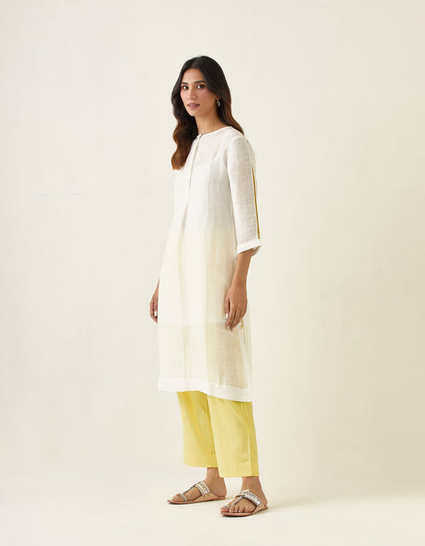 Buy Off White Linen Silk Kurta with Maize Yellow Cotton Glaze Pants & Slip (Set of 3) - By Vinusto