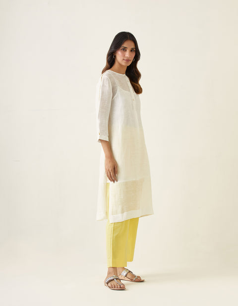 Order Off White Linen Silk Kurta with Maize Yellow Cotton Glaze Pants & Slip (Set of 3) - By Vinusto