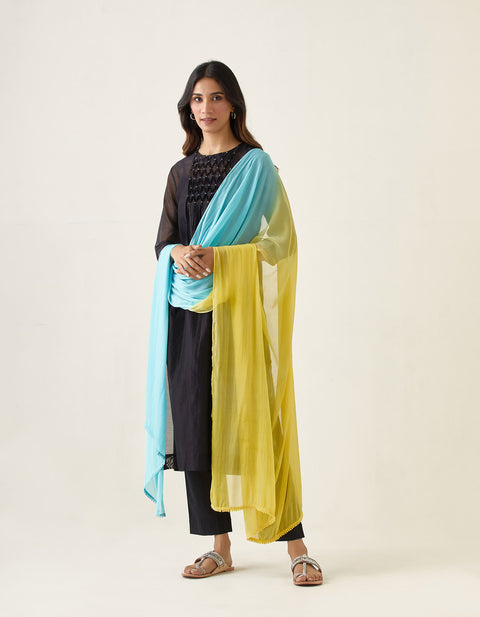 Shop Black Chanderi Smocking Kurta with Cotton Pants & Color Bock Dupatta (Set of 4) - By Vinusto
