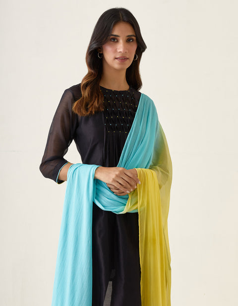 Premium  Black Chanderi Smocking Kurta with Cotton Pants & Color Bock Dupatta (Set of 4) - By Vinusto
