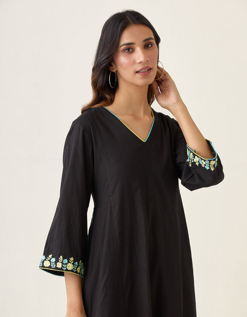 Handcrafted Embroidered Kalidar Kurta Set in Black Cotton Cambric with Color Block Dupatta (Set of 3) -  By Vinusto 
