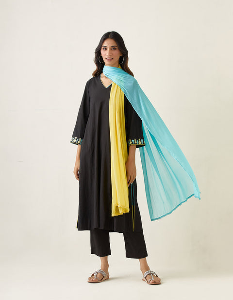 Shop Embroidered Kalidar Kurta Set in Black Cotton Cambric with Color Block Dupatta (Set of 3) -  By Vinusto 

