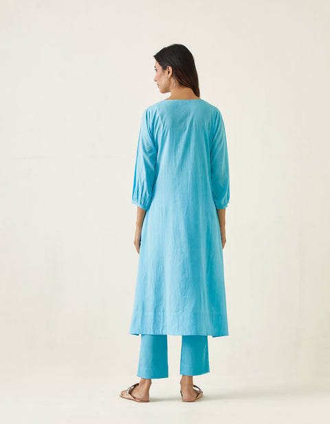 Premium Embroidered A-line kurta Set in Pastel Blue Cotton (Set of 2) - By Vinusto