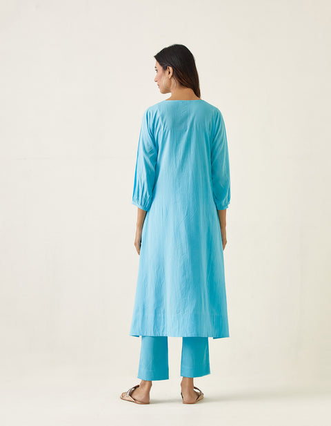 Embroidered A-line kurta Set in Pastel Blue Cotton (Set of 2)