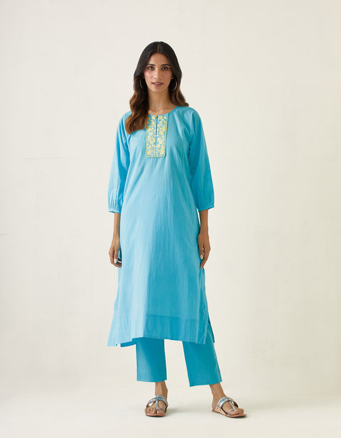 Shop Embroidered A-line kurta Set in Pastel Blue Cotton (Set of 2) - By Vinusto