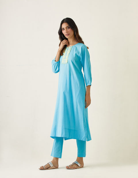 Order Embroidered A-line kurta Set in Pastel Blue Cotton (Set of 2) - By Vinusto