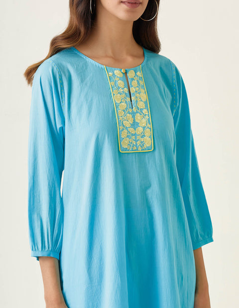 Handcrafted Embroidered A-line kurta Set in Pastel Blue Cotton (Set of 2) - By Vinusto