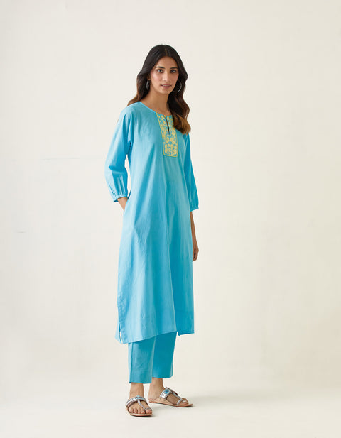 Buy Embroidered A-line kurta Set in Pastel Blue Cotton (Set of 2) - By Vinusto