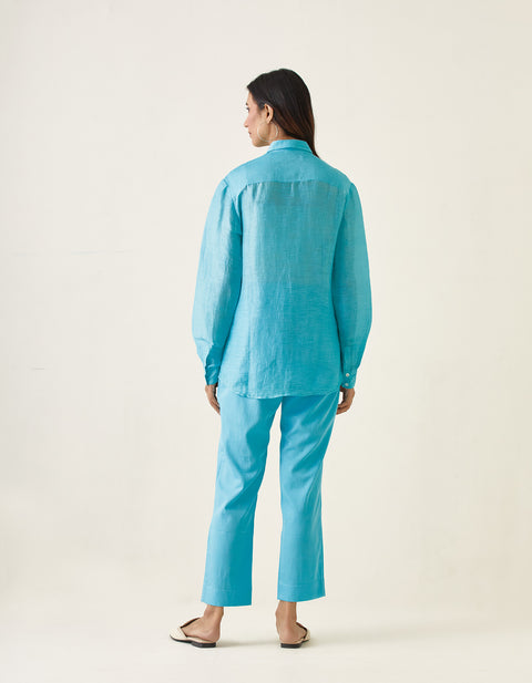 Handcraft Pastel Blue Linen Shirt with Cotton Glaze Pants (Set of 2) | Vinusto