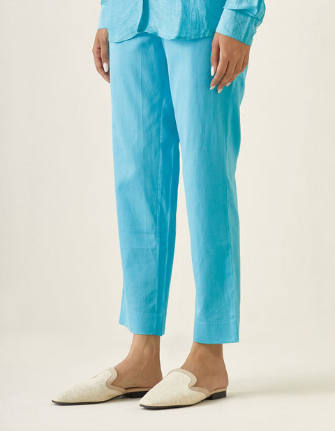 Premium Pastel Blue Linen Shirt with Cotton Glaze Pants (Set of 2) | Vinusto