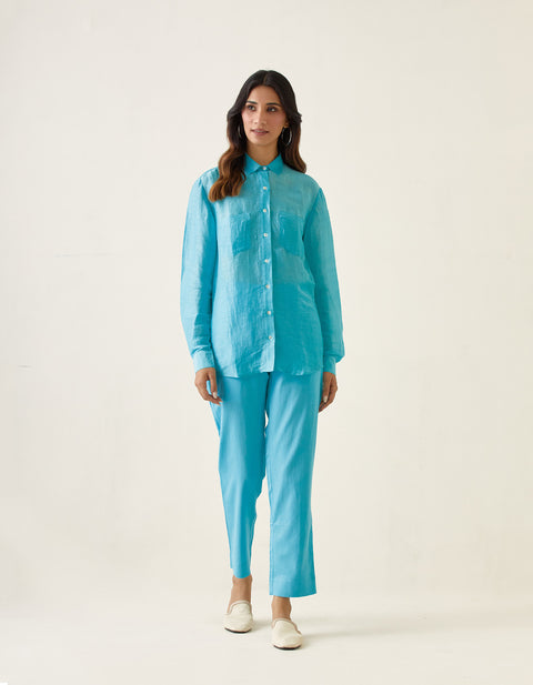 Shop Pastel Blue Linen Shirt with Cotton Glaze Pants (Set of 2) | Vinusto