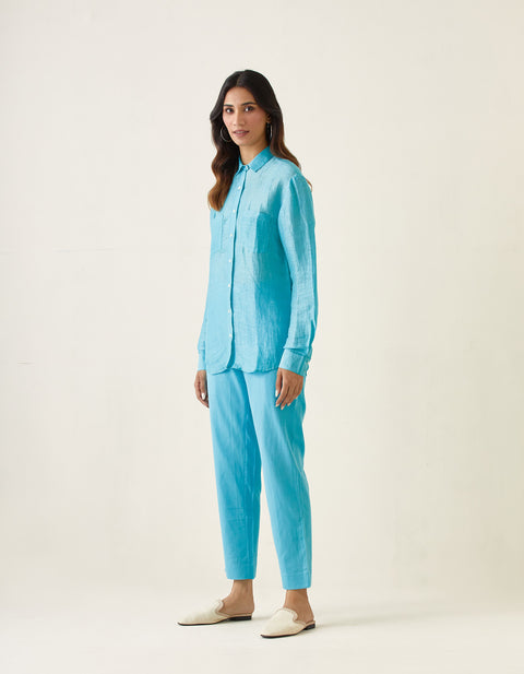 Buy Pastel Blue Linen Shirt with Cotton Glaze Pants (Set of 2) | Vinusto