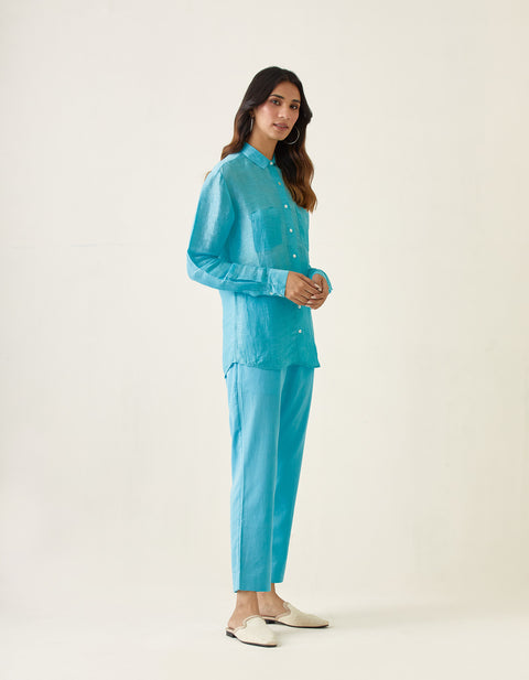 Order Pastel Blue Linen Shirt with Cotton Glaze Pants (Set of 2) | Vinusto