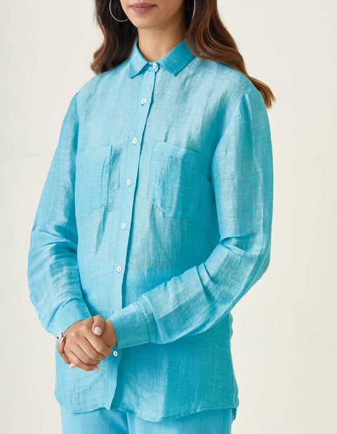 Luxury Pastel Blue Linen Shirt with Cotton Glaze Pants (Set of 2) | Vinusto