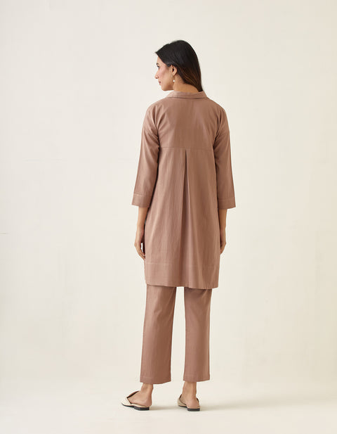 Handcraft Embroidered Kurta with Pants in Taupe Cotton Glaze (Set of 2) | Vinusto
