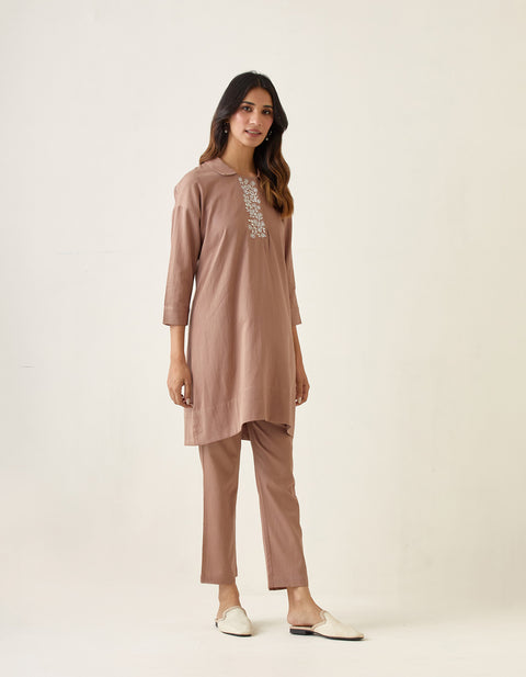 Order Embroidered Kurta with Pants in Taupe Cotton Glaze (Set of 2) | Vinusto