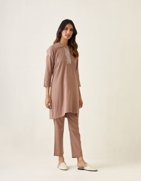 Coordinate Set- Embroidered Kurta with Pants in Taupe Cotton Glaze (Set of 2)