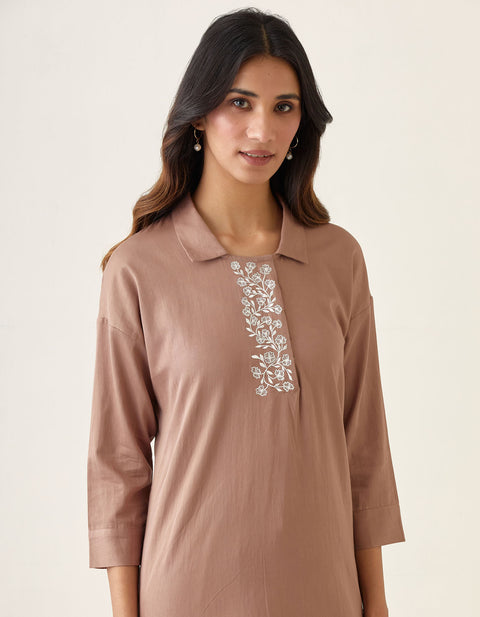Premium Embroidered Kurta with Pants in Taupe Cotton Glaze (Set of 2) | Vinusto