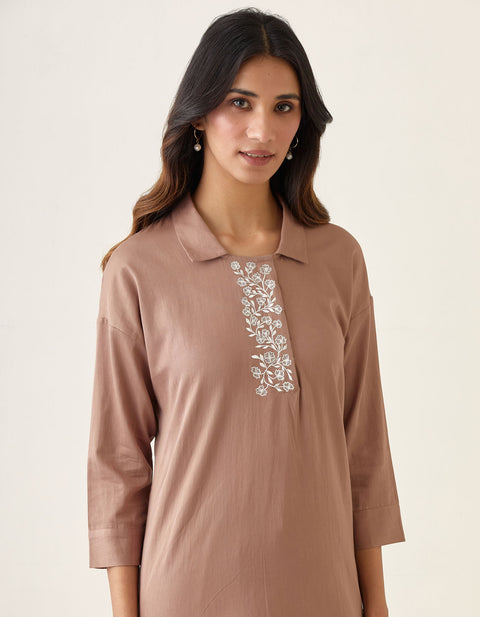 Coordinate Set- Embroidered Kurta with Pants in Taupe Cotton Glaze (Set of 2)