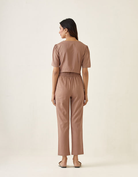 Premium Crop Top with Pleated Pants in Taupe Cotton Glaze (Set of 2) | Vinusto