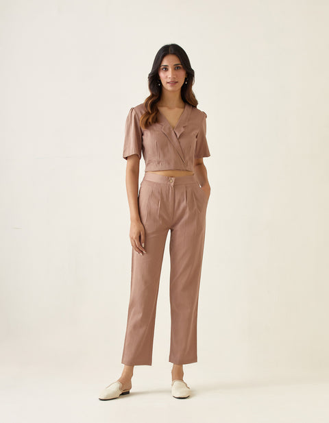 Shop Crop Top with Pleated Pants in Taupe Cotton Glaze (Set of 2) | Vinusto