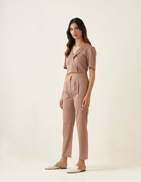 Buy Crop Top with Pleated Pants in Taupe Cotton Glaze (Set of 2) | Vinusto