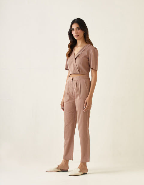 Coordinate Set- Crop Top with Pleated Pants in Taupe Cotton Glaze (Set of 2)