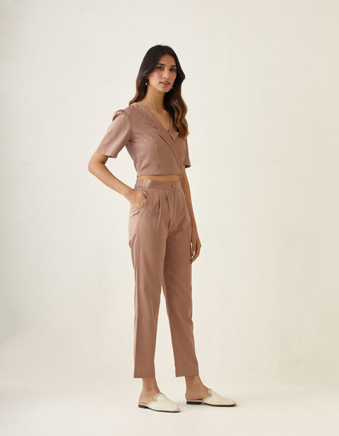 Order Crop Top with Pleated Pants in Taupe Cotton Glaze (Set of 2) | Vinusto