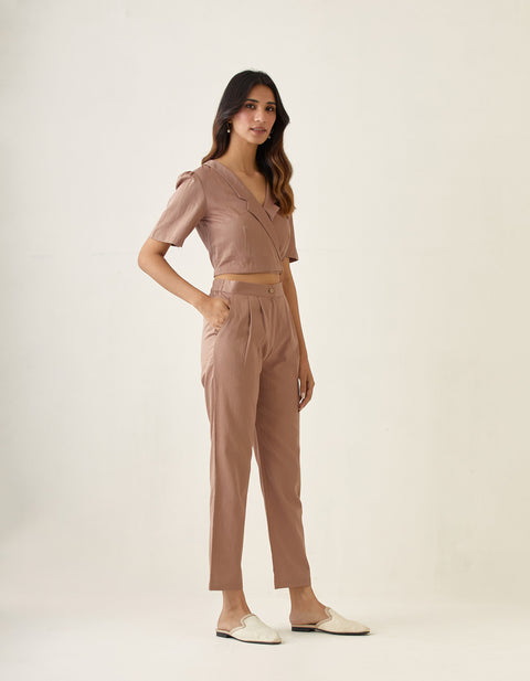 Coordinate Set- Crop Top with Pleated Pants in Taupe Cotton Glaze (Set of 2)