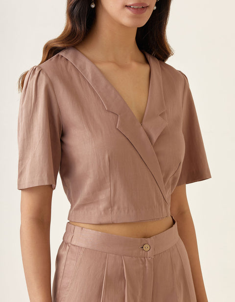 Luxury Crop Top with Pleated Pants in Taupe Cotton Glaze (Set of 2) | Vinusto